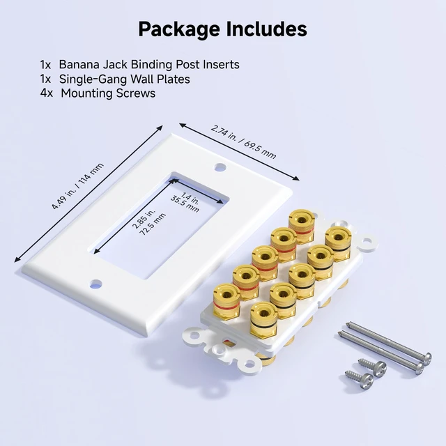 Alt view image 7 of 7 - Speaker Wire Wall Plate, 10 Posts for 5 Speakers, White Gold-Plated Binding Posts, Banana Plug Compatible, for Home Theater Wiring, Low-Voltage Installation