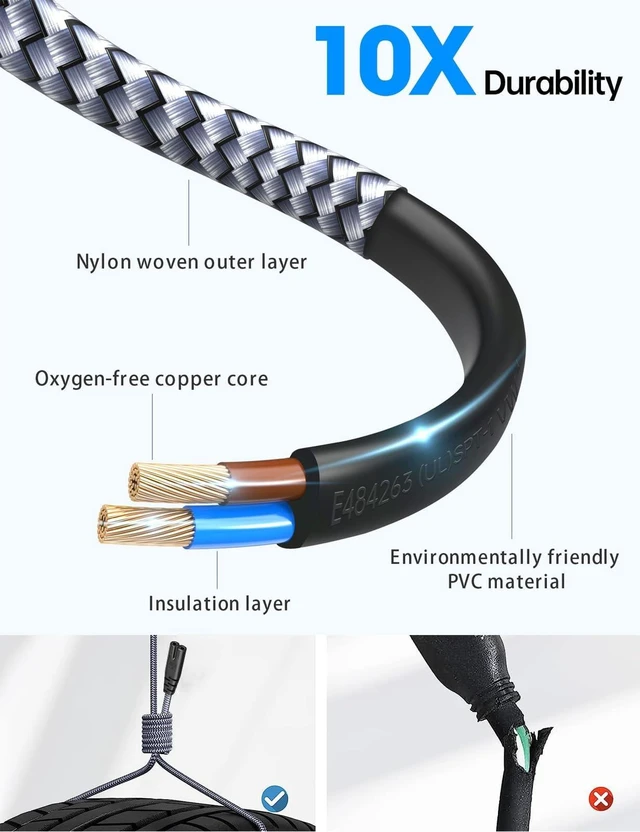 Alt view image 2 of 7 - Power Cord, 25FT/7.5M AC Power Cable 7A 125V 18AWG 2 Prong TV Power Cord for PS5 PS4 PS4 Xbox, Speaker, Monitor, Samsung LG TV, Printer, Computer, Laptop Power Cable Replacement