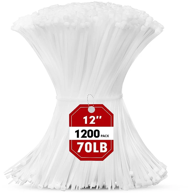 Main image of Zip Ties, 1200pcs Cable Zip Ties 12 Inch, Heavy Duty White Plastic Wire Ties with 70lb Tensile Strength, Self-Locking Nylon Cable Ties, Wire Management for Indoor and Outdoor