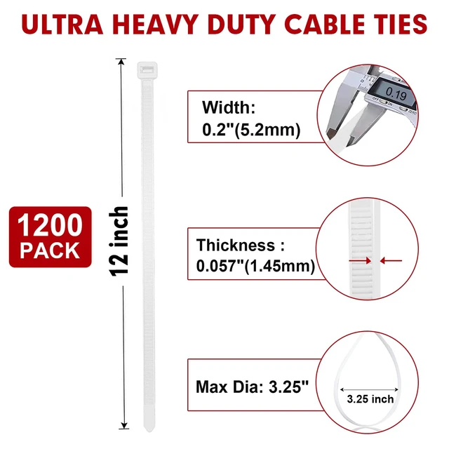 Alt view image 2 of 7 - Zip Ties, 1200pcs Cable Zip Ties 12 Inch, Heavy Duty White Plastic Wire Ties with 70lb Tensile Strength, Self-Locking Nylon Cable Ties, Wire Management for Indoor and Outdoor