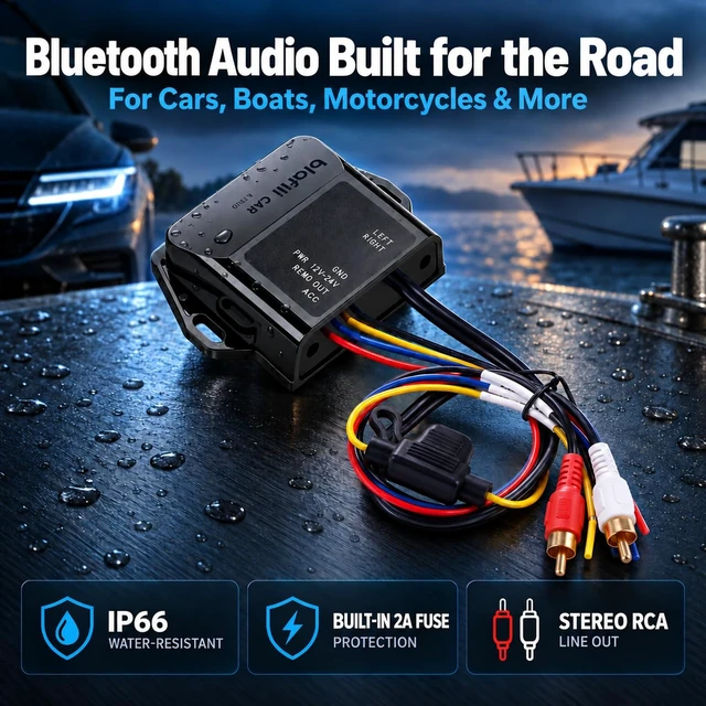 Alt view image 4 of 7 - blafili CAR Bluetooth Receiver with RCA Output for Auto, Truck & Marine | Bluetooth 5.2, aptX Adaptive/HD, 12V/24V Compatible, IP66 Water Resistant, Audio-Activated Remote Turn-On, ACC Required