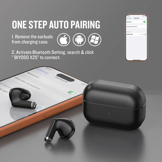 Alt view image 3 of 7 - X25 Wireless Earbuds, Semi-in-Ear Bluetooth 5.3 Headphones Super Bass Sound, Built-in Microphone, Hands-Free Call, 50H Standby Time, Auto Pairing, Compatible with iPhone & Android