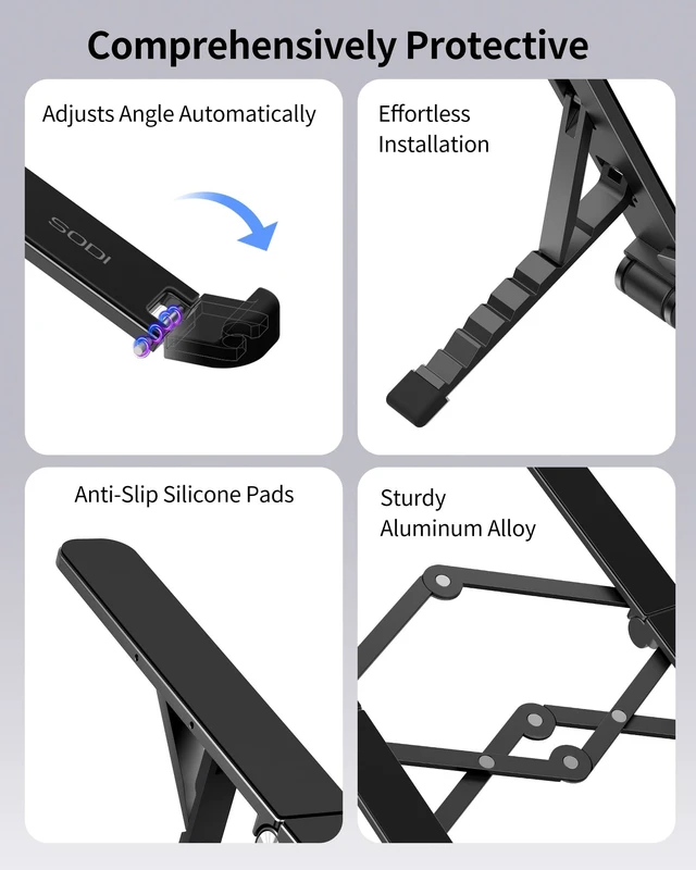 Alt view image 4 of 7 - 2025 Foldable Laptop Stand for Desk - Bi-fold Ergonomic Spring Adjustable Computer Holder, 3 in 1 Metal Portable Laptop Stand for Notebook, Phone, Tablet,10-16", Desk & Travel Use