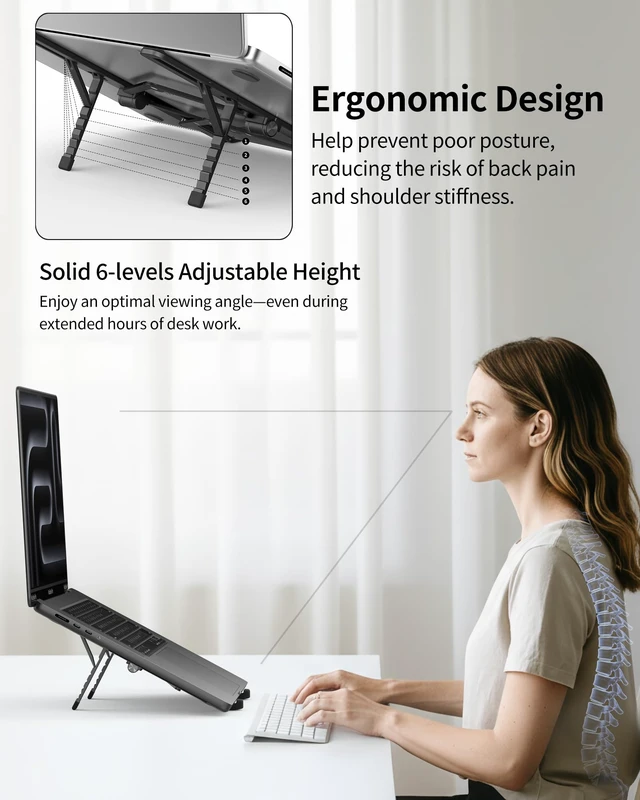 Alt view image 5 of 7 - 2025 Foldable Laptop Stand for Desk - Bi-fold Ergonomic Spring Adjustable Computer Holder, 3 in 1 Metal Portable Laptop Stand for Notebook, Phone, Tablet,10-16", Desk & Travel Use