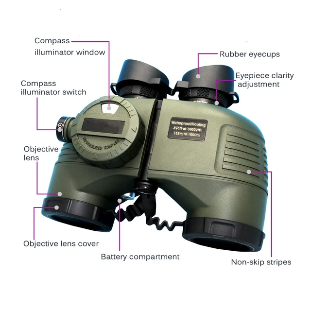 Alt view image 6 of 7 - 7x50 HD Waterproof Military Marine Binoculars w/Internal Rangefinder & Compass for,Bird Watching,Boating and More(Army Green)