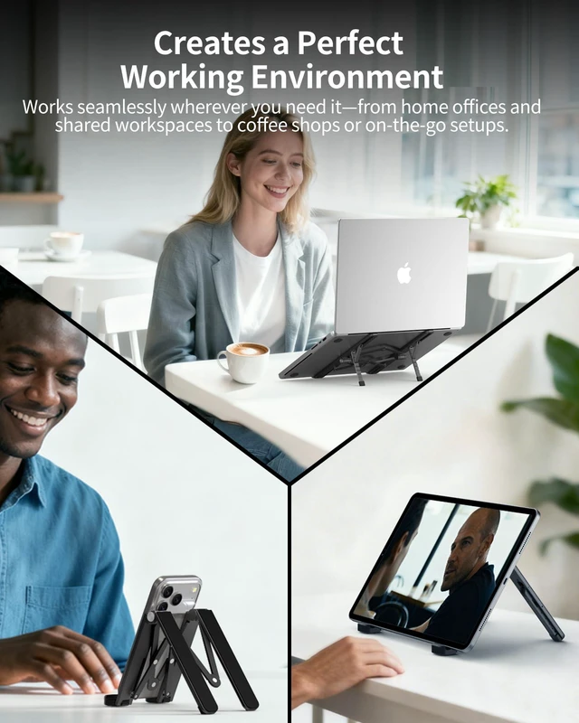 Alt view image 6 of 7 - 2025 Foldable Laptop Stand for Desk - Bi-fold Ergonomic Spring Adjustable Computer Holder, 3 in 1 Metal Portable Laptop Stand for Notebook, Phone, Tablet,10-16", Desk & Travel Use