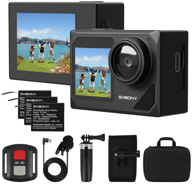 Main image of SVGo2 4K Action Camera Travel Kit with Selfie Stick Tripod with 3X 1350mAh Batteries, Dual Touch Screen, 6-Axis EIS Stabilization, Backpack Clip & Case, Wired microphoneRemote control
