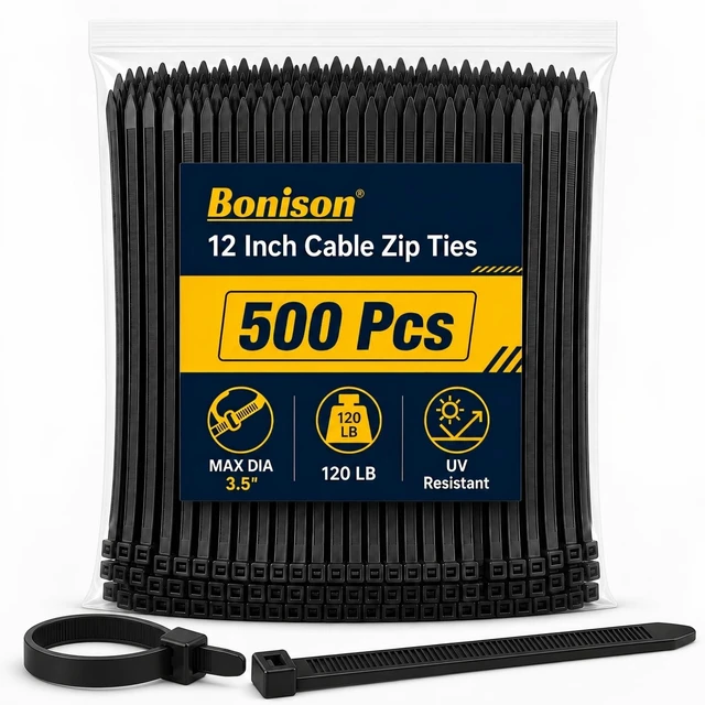 Main image of 500 Pack 12 Inch Heavy Duty Zip Ties, 120 lb Black Cable Ties UV Resistant Nylon for Indoor Outdoor, Self Locking Wire Ties for Electrical Garden Automotive Workshop