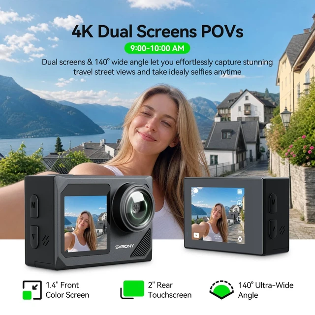 Alt view image 2 of 7 - SVGo2 4K Action Camera Travel Kit with Selfie Stick Tripod with 3X 1350mAh Batteries, Dual Touch Screen, 6-Axis EIS Stabilization, Backpack Clip & Case, Wired microphoneRemote control