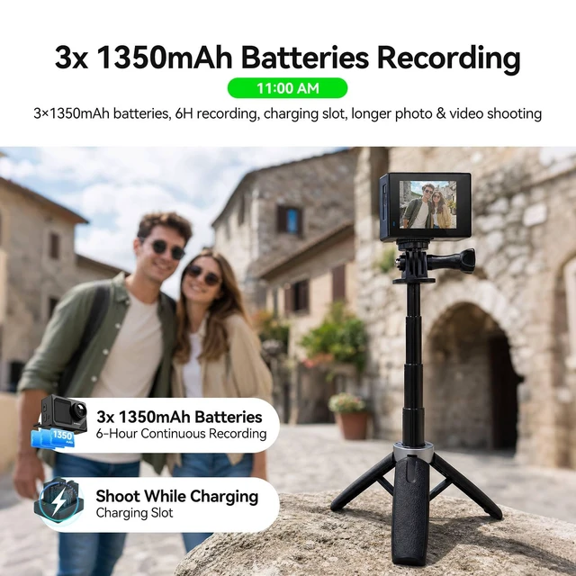 Alt view image 3 of 7 - SVGo2 4K Action Camera Travel Kit with Selfie Stick Tripod with 3X 1350mAh Batteries, Dual Touch Screen, 6-Axis EIS Stabilization, Backpack Clip & Case, Wired microphoneRemote control