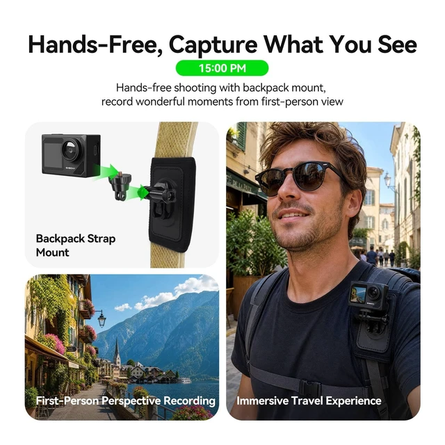 Alt view image 6 of 7 - SVGo2 4K Action Camera Travel Kit with Selfie Stick Tripod with 3X 1350mAh Batteries, Dual Touch Screen, 6-Axis EIS Stabilization, Backpack Clip & Case, Wired microphoneRemote control