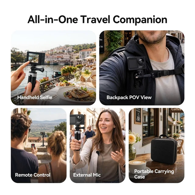 Alt view image 7 of 7 - SVGo2 4K Action Camera Travel Kit with Selfie Stick Tripod with 3X 1350mAh Batteries, Dual Touch Screen, 6-Axis EIS Stabilization, Backpack Clip & Case, Wired microphoneRemote control