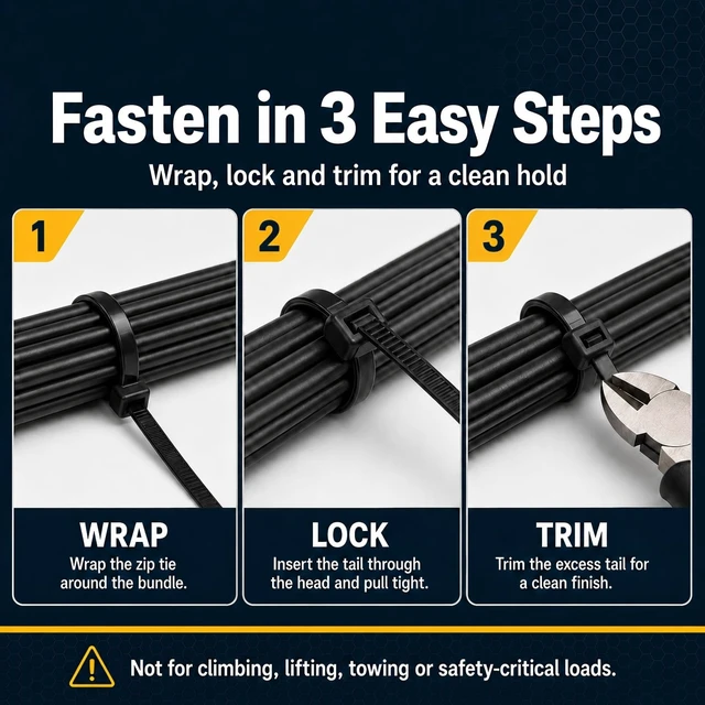 Alt view image 4 of 7 - 500 Pack 12 Inch Heavy Duty Zip Ties, 120 lb Black Cable Ties UV Resistant Nylon for Indoor Outdoor, Self Locking Wire Ties for Electrical Garden Automotive Workshop
