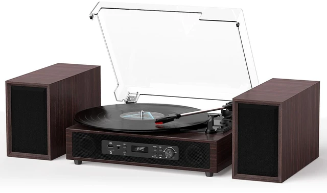 Main image of Vinyl Record Player with Built-in & External Speakers, Espresso 3-speed belt-drive vintage turntable USB/TF & PC recording, Bluetooth input, auto stop, RCA/AUX for flexible home listening