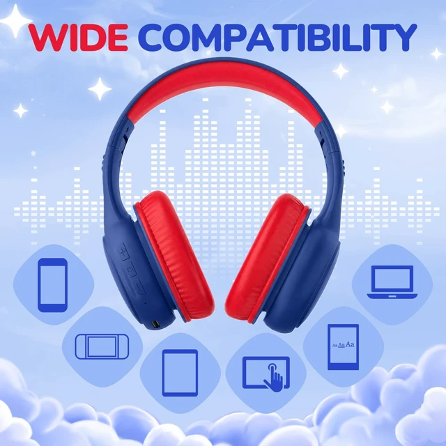 Alt view image 7 of 7 - Kids Bluetooth Headphones Foldable, 60Hrs, Built-in Mic-Blue Red 85/94dB Volume Limited, Stereo Sound, Type-C Fast Charging, Bluetooth 5.4, Wireless Headphones for Kids Toddler Travel School