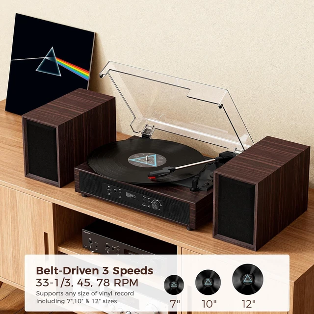 Alt view image 5 of 7 - Vinyl Record Player with Built-in & External Speakers, Espresso 3-speed belt-drive vintage turntable USB/TF & PC recording, Bluetooth input, auto stop, RCA/AUX for flexible home listening