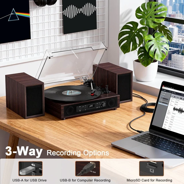 Alt view image 4 of 7 - Vinyl Record Player with Built-in & External Speakers, Espresso 3-speed belt-drive vintage turntable USB/TF & PC recording, Bluetooth input, auto stop, RCA/AUX for flexible home listening