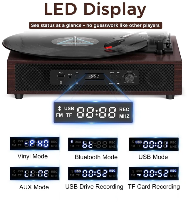 Alt view image 3 of 7 - Vinyl Record Player with Built-in & External Speakers, Espresso 3-speed belt-drive vintage turntable USB/TF & PC recording, Bluetooth input, auto stop, RCA/AUX for flexible home listening