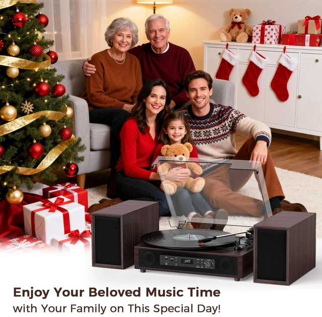 Alt view image 7 of 7 - Vinyl Record Player with Built-in & External Speakers, Espresso 3-speed belt-drive vintage turntable USB/TF & PC recording, Bluetooth input, auto stop, RCA/AUX for flexible home listening