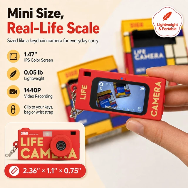 Alt view image 2 of 7 - Mini Keychain Digital Camera, 16GB Card, Y2K Retro Tiny Camera 1440P Video, 2MP Photos, 1.47-Inch IPS Screen, Built-In Flash, Filters, Pocket Size for Kids, Teens, Travel and Vlogging