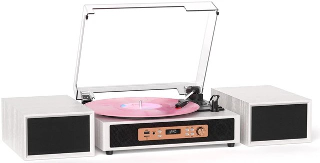 Main image of Retro Vinyl Record Player with Built-in & External Speakers, White 3-speed belt-drive vintage turntable USB/TF & PC recording, Bluetooth input, auto stop, RCA/AUX for flexible home listening