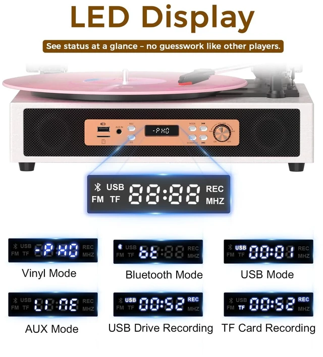 Alt view image 3 of 7 - Retro Vinyl Record Player with Built-in & External Speakers, White 3-speed belt-drive vintage turntable USB/TF & PC recording, Bluetooth input, auto stop, RCA/AUX for flexible home listening