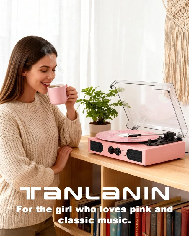 Alt view image 3 of 7 - Vinyl Record Player with Built-in Stereo Speakers, Vintage 3-Speed Turntable, Bass/Treble Control, Headphone Jack, RCA Line-Out, AUX-in, Belt-Driven LP Player Pink