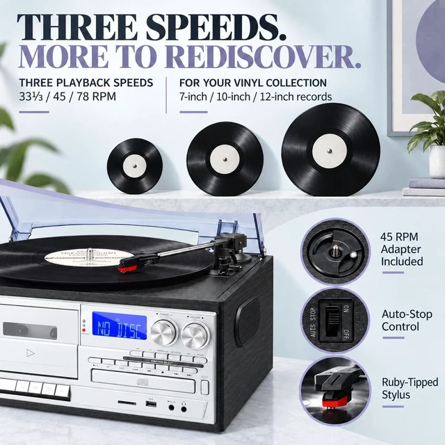Alt view image 3 of 7 - Record Player with Bluetooth Input & Output, 9-in-1 Retro Music Center for Home, 3-Speed Turntable, CD/Cassette, USB/SD, AM/FM Radio, Built-in Stereo Speakers & Remote