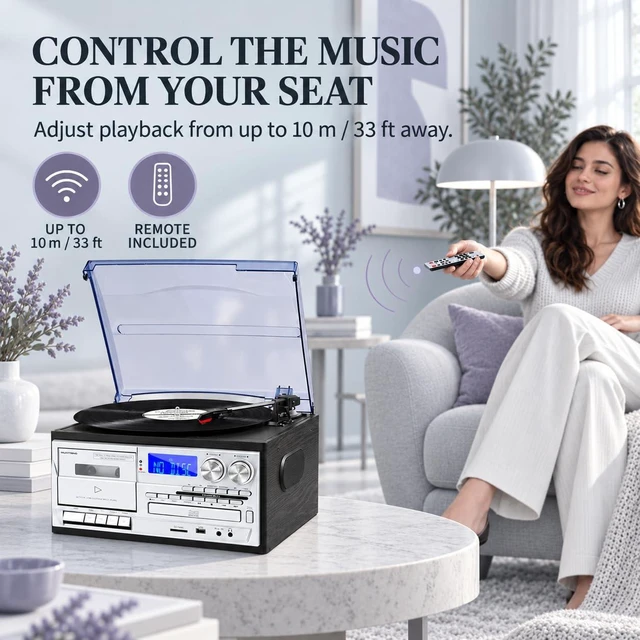 Alt view image 5 of 7 - Record Player with Bluetooth Input & Output, 9-in-1 Retro Music Center for Home, 3-Speed Turntable, CD/Cassette, USB/SD, AM/FM Radio, Built-in Stereo Speakers & Remote