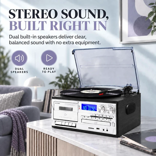 Alt view image 7 of 7 - Record Player with Bluetooth Input & Output, 9-in-1 Retro Music Center for Home, 3-Speed Turntable, CD/Cassette, USB/SD, AM/FM Radio, Built-in Stereo Speakers & Remote
