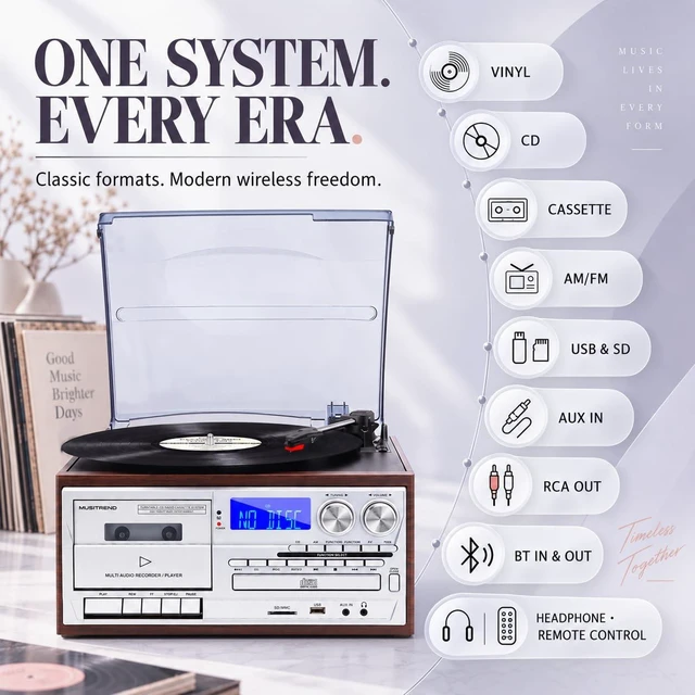 Alt view image 2 of 7 - Record Player for Home with Bluetooth Receiver & Transmitter, 9-in-1 Vintage Turntable System, 3-Speed Vinyl, CD/Cassette, USB/SD, AM/FM Radio, Built-in Speakers, RCA Line Out & Remote Control