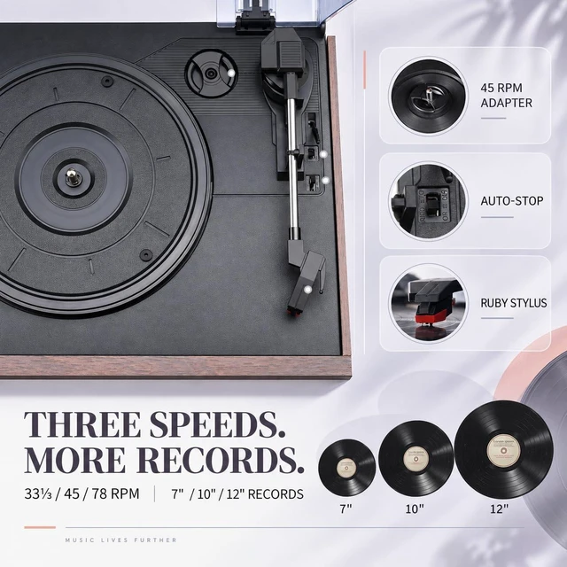 Alt view image 4 of 7 - Record Player for Home with Bluetooth Receiver & Transmitter, 9-in-1 Vintage Turntable System, 3-Speed Vinyl, CD/Cassette, USB/SD, AM/FM Radio, Built-in Speakers, RCA Line Out & Remote Control