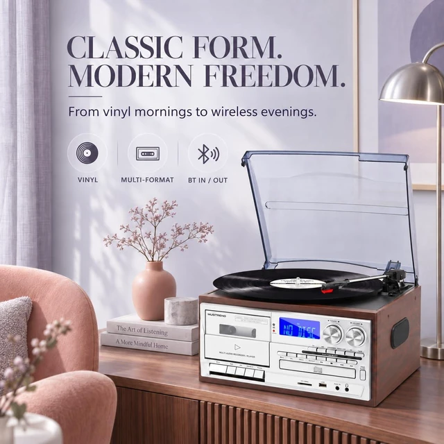 Alt view image 6 of 7 - Record Player for Home with Bluetooth Receiver & Transmitter, 9-in-1 Vintage Turntable System, 3-Speed Vinyl, CD/Cassette, USB/SD, AM/FM Radio, Built-in Speakers, RCA Line Out & Remote Control
