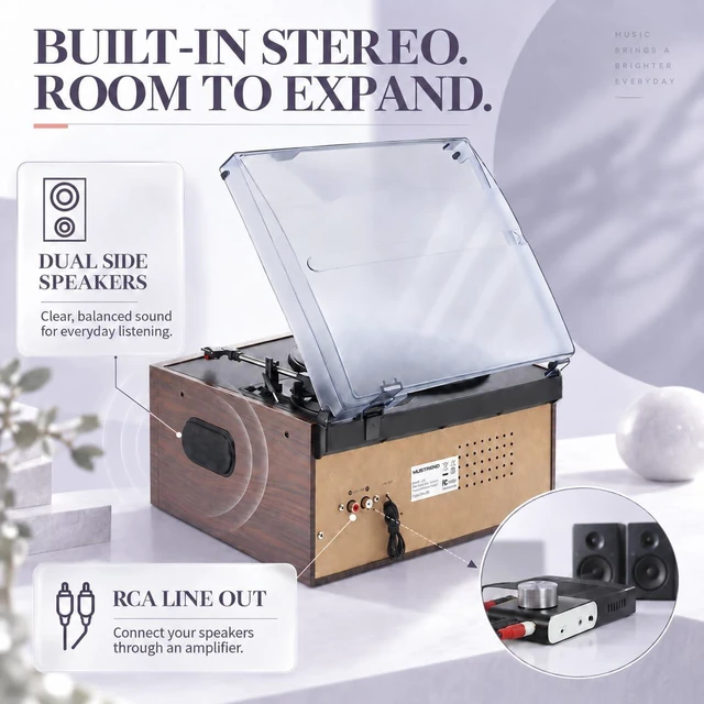Alt view image 7 of 7 - Record Player for Home with Bluetooth Receiver & Transmitter, 9-in-1 Vintage Turntable System, 3-Speed Vinyl, CD/Cassette, USB/SD, AM/FM Radio, Built-in Speakers, RCA Line Out & Remote Control