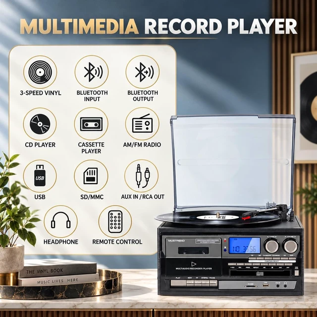 Alt view image 2 of 7 - Multimedia Record Player Bring Every Era of Music Home, with Bluetooth Input & Output, 3-Speed Turntable, CD/Cassette, AM/FM, USB/SD, Built-in Speakers & Remote Control