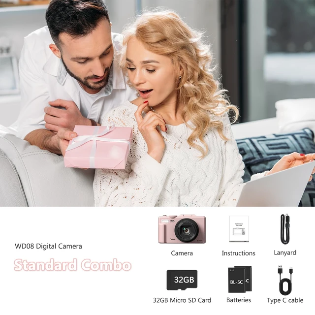 Alt view image 3 of 7 - 4K Digital Camera with 180° Flip Screen, 64MP Compact Vlogging Camera, Pink Point And Shoot Camera with WiFi, 32GB SD Card, Easy To Use Digital Camera Kit for Travel and Beginners