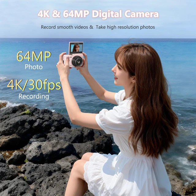 Alt view image 2 of 7 - 4K Digital Camera with 180° Flip Screen, 64MP Compact Vlogging Camera, Pink Point And Shoot Camera with WiFi, 32GB SD Card, Easy To Use Digital Camera Kit for Travel and Beginners