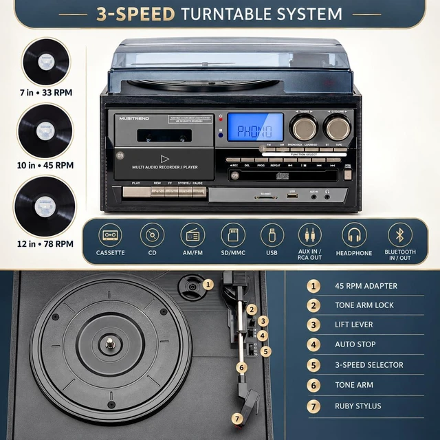 Alt view image 4 of 7 - Multimedia Record Player Bring Every Era of Music Home, with Bluetooth Input & Output, 3-Speed Turntable, CD/Cassette, AM/FM, USB/SD, Built-in Speakers & Remote Control