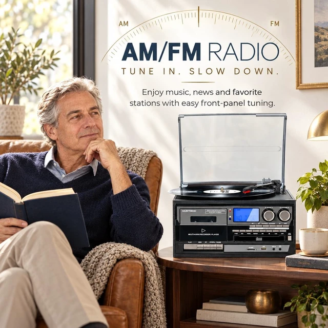 Alt view image 5 of 7 - Multimedia Record Player Bring Every Era of Music Home, with Bluetooth Input & Output, 3-Speed Turntable, CD/Cassette, AM/FM, USB/SD, Built-in Speakers & Remote Control