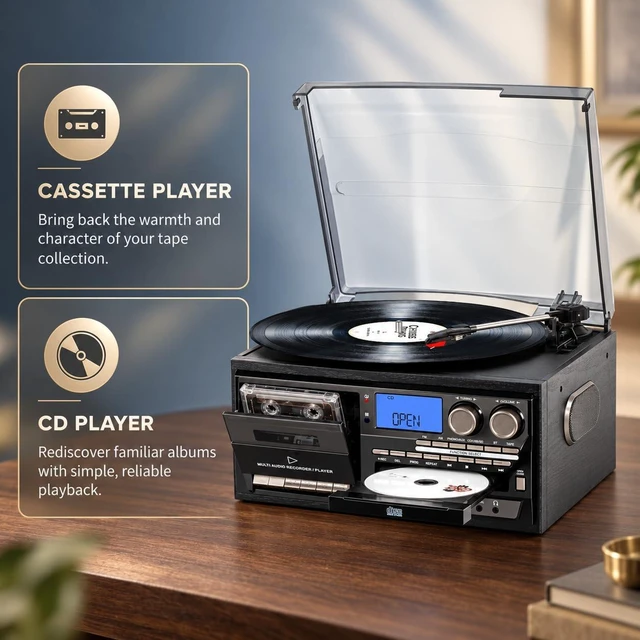 Alt view image 6 of 7 - Multimedia Record Player Bring Every Era of Music Home, with Bluetooth Input & Output, 3-Speed Turntable, CD/Cassette, AM/FM, USB/SD, Built-in Speakers & Remote Control