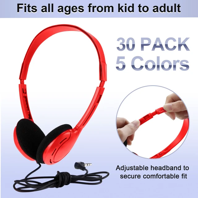 Alt view image 2 of 7 - 30 Pack Over Ear Headphones Corded Bulk Set 3.5mm,Retro Color On Ear Headsets Adjustable Earphones with Cord for Library Computer Lab Online Lesson Group Testing