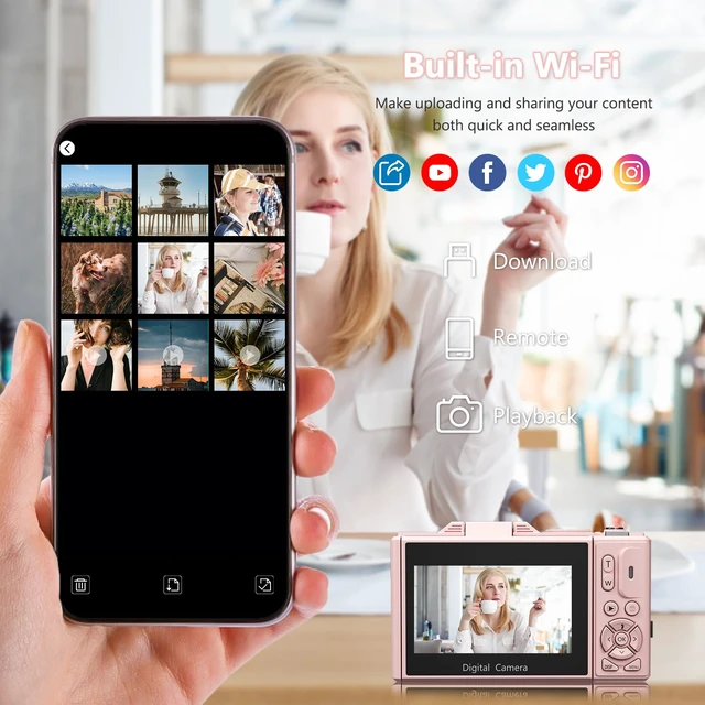 Alt view image 5 of 7 - 4K Digital Camera with 180° Flip Screen, 64MP Compact Vlogging Camera, Pink Point And Shoot Camera with WiFi, 32GB SD Card, Easy To Use Digital Camera Kit for Travel and Beginners