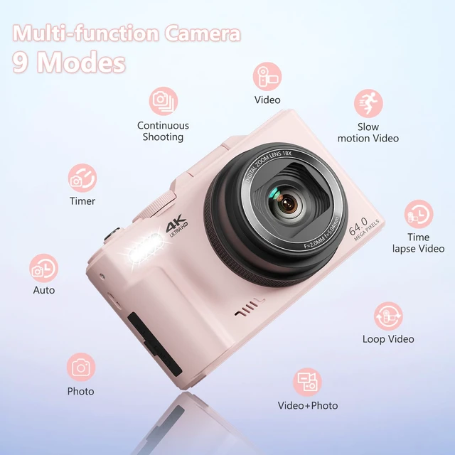 Alt view image 7 of 7 - 4K Digital Camera with 180° Flip Screen, 64MP Compact Vlogging Camera, Pink Point And Shoot Camera with WiFi, 32GB SD Card, Easy To Use Digital Camera Kit for Travel and Beginners