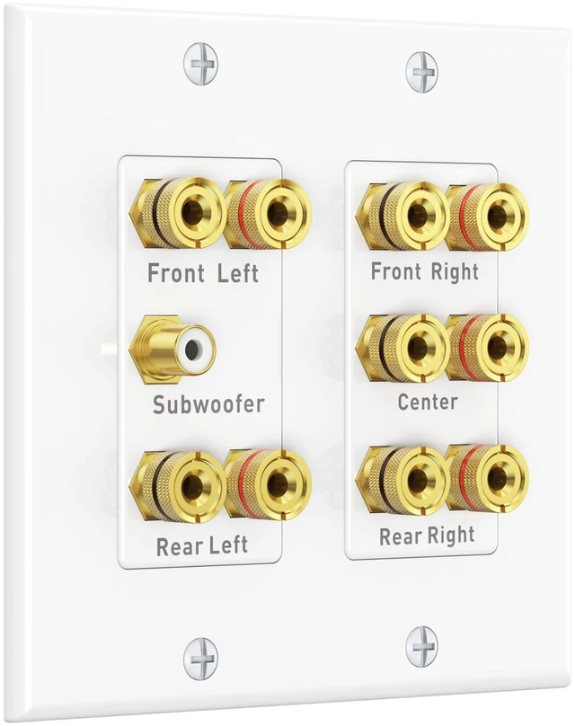 Main image of Double Gang 5.1 Speaker Wall Plate, Banana Plug, White Gold-Plated Binding Posts, for Home Theater Wiring, Low-Voltage Installation
