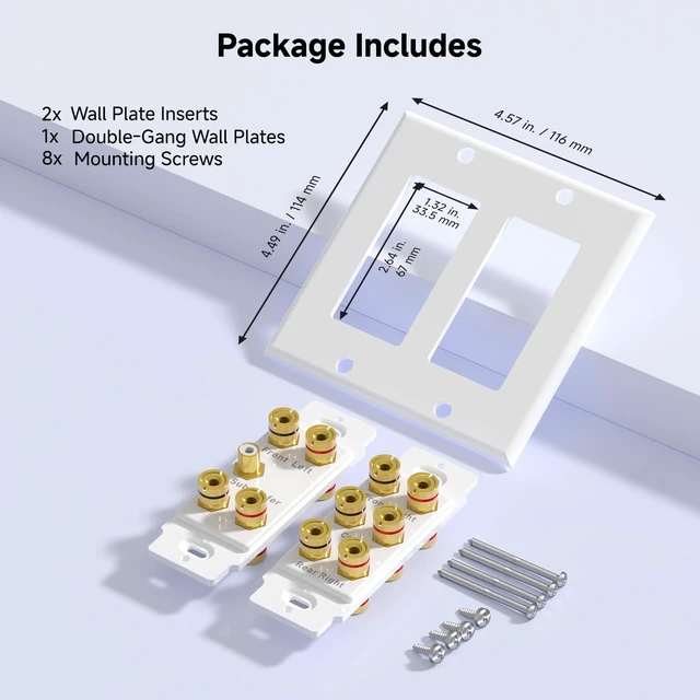 Alt view image 7 of 7 - Double Gang 5.1 Speaker Wall Plate, Banana Plug, White Gold-Plated Binding Posts, for Home Theater Wiring, Low-Voltage Installation