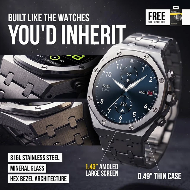 Alt view image 2 of 7 - Chief Smartwatch for Men, Premium Hex Bezel Metal Smart Watch, 1.43" AMOLED Display, 14-Day Battery, Bluetooth Calling, Stainless Steel, Water Resistant, for Android iPhone (Silver)