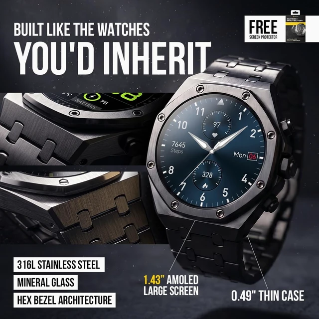 Alt view image 2 of 7 - Chief Smartwatch for Men, Premium Hex Bezel Metal Smart Watch, 1.43" AMOLED Display, 14-Day Battery, Bluetooth Calling, Stainless Steel, Water Resistant, for Android iPhone (Dark Gray)
