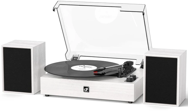 Main image of Bluetooth Record Player with External Speakers Belt-Drive Turntable White Turntable for Vinyl Records, Dual Stereo Bookshelf Speakers, LP Players Support 3 Speed 3 Size, AUX RCA Output, Auto Stop