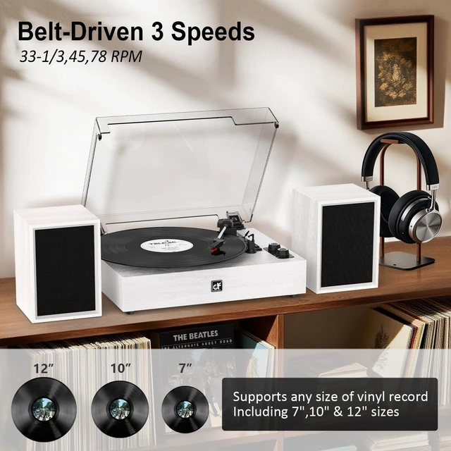 Alt view image 2 of 7 - Bluetooth Record Player with External Speakers Belt-Drive Turntable White Turntable for Vinyl Records, Dual Stereo Bookshelf Speakers, LP Players Support 3 Speed 3 Size, AUX RCA Output, Auto Stop