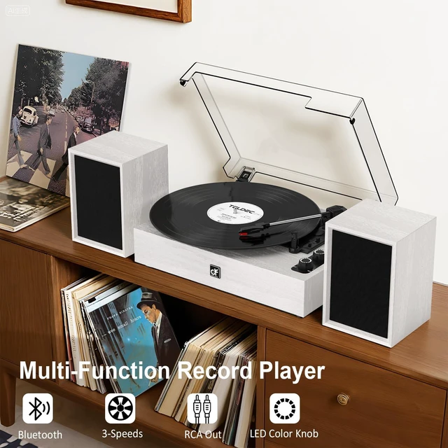 Alt view image 3 of 7 - Bluetooth Record Player with External Speakers Belt-Drive Turntable White Turntable for Vinyl Records, Dual Stereo Bookshelf Speakers, LP Players Support 3 Speed 3 Size, AUX RCA Output, Auto Stop